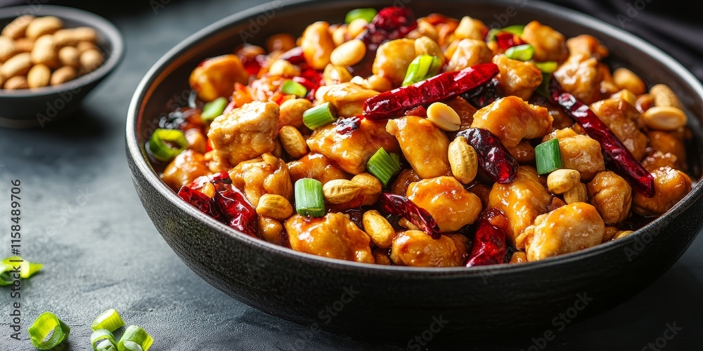 Kung Pao Chicken is a classic dish in Chinese cuisine, featuring chicken meat, chilli peppers, peanuts, and onion, making Kung Pao Chicken a delicious and flavorful option for any meal. Kung Pao Chicken is a classic dish in Chinese cuisine, featuring chicken meat, chilli peppers, peanuts, and onion, making Kung Pao Chicken a delicious and flavorful option for any meal.