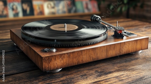 Classic turntable on wood with vinyl records nearby photo