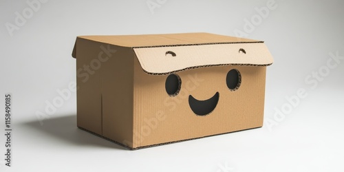A cardboard box featuring a design that includes a face and expressive eyes is presented, showcasing its unique and playful character. photo