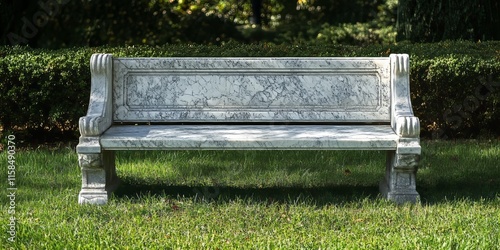 Vintage marble bench resting on fresh grass in a serene park setting, creating a peaceful atmosphere perfect for relaxation. The marble bench offers a charming touch to the outdoor experience. photo