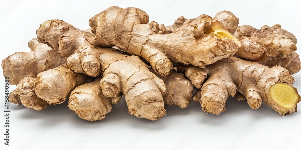 Fresh ginger isolated on a white background, showcasing the unique features of fresh ginger. This image highlights fresh ginger with a clean clipping path for versatile use. Fresh ginger isolated on a white background, showcasing the unique features of fresh ginger. This image highlights fresh ginger with a clean clipping path for versatile use.