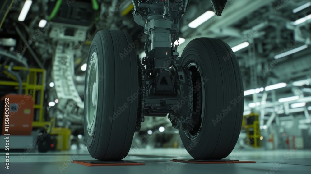 Fototapeta premium Airplane wheel compartment with mechanical components and hydraulic systems, essential for safe landing and takeoff. Precision engineering and aviation safety concepts.