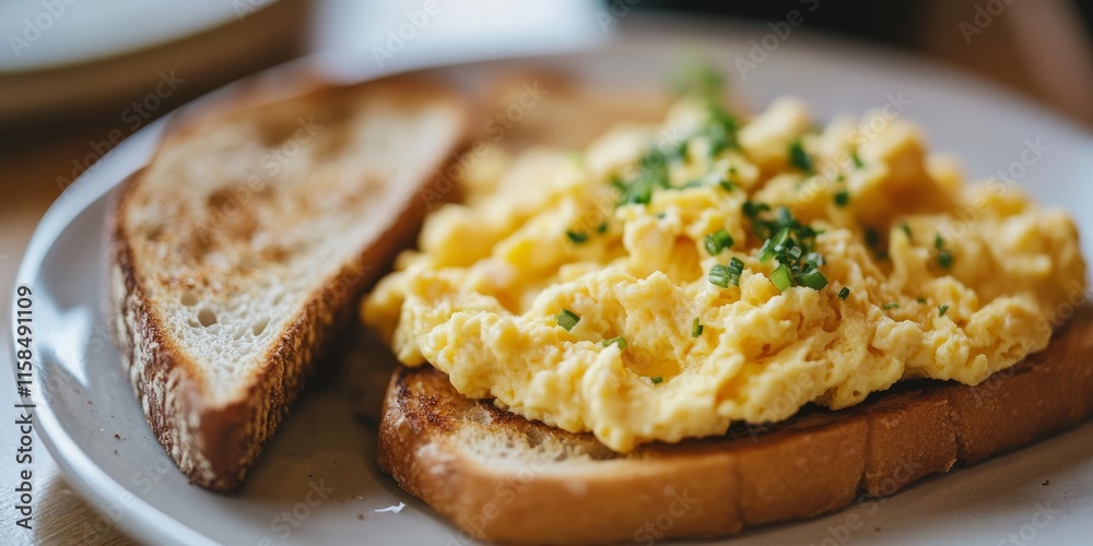 Scrambled eggs and toasts served together create a delicious breakfast, showcasing the appealing texture of scrambled eggs alongside perfectly toasted bread, with selective focus enhancing the visual Scrambled eggs and toasts served together create a delicious breakfast, showcasing the appealing texture of scrambled eggs alongside perfectly toasted bread, with selective focus enhancing the visual