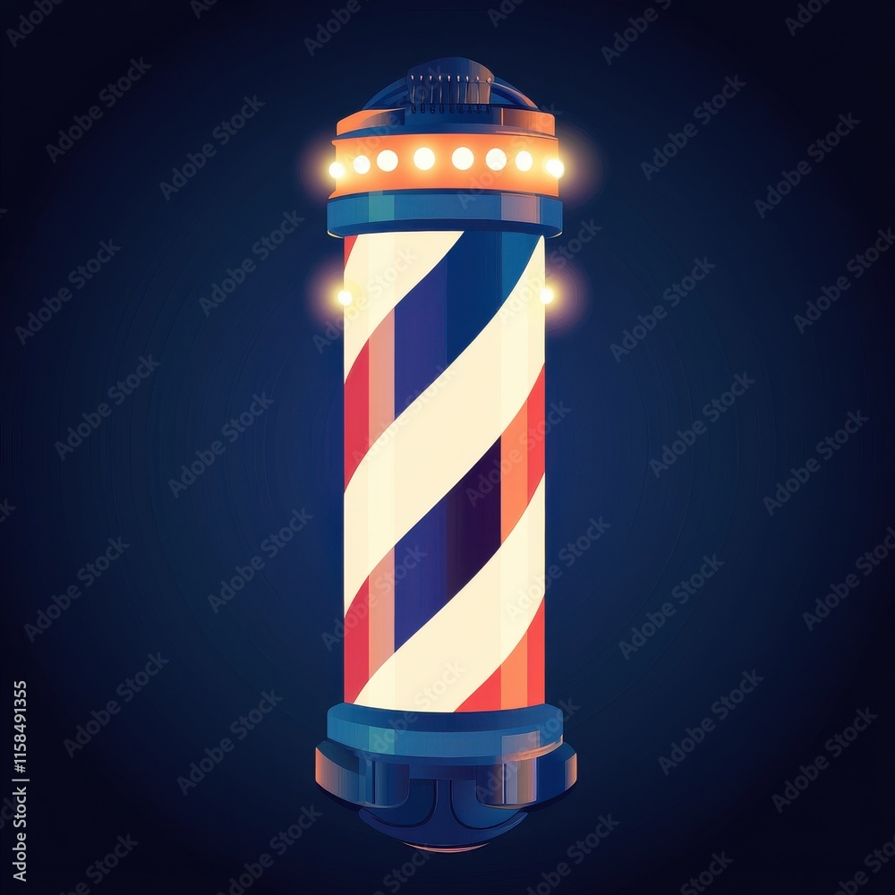 A vibrant, retro barber pole featuring red, white, and blue stripes, illuminated against a dark background. A vibrant, retro barber pole featuring red, white, and blue stripes, illuminated against a dark background.