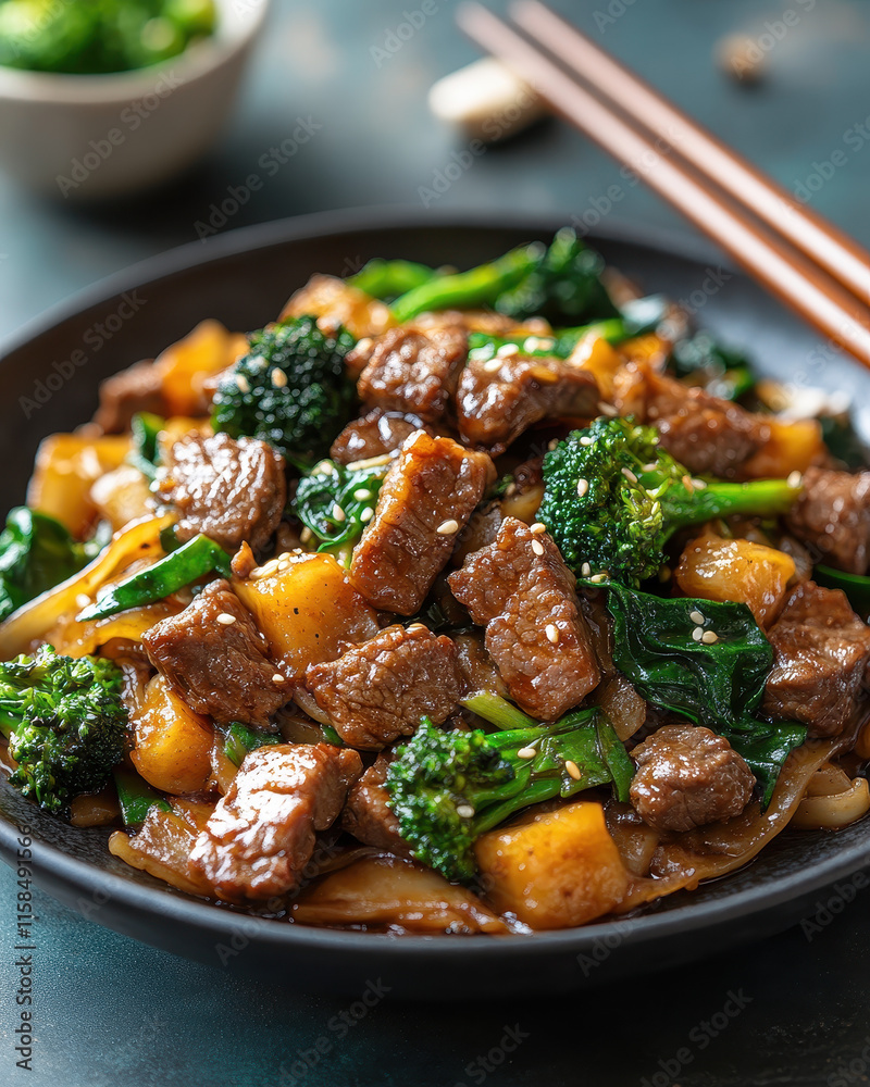 Asian Beef and Broccoli Stir-Fry, Vibrant Food on Wooden Table, for Culinary Advertisements or Food Blog Content Asian Beef and Broccoli Stir-Fry, Vibrant Food on Wooden Table, for Culinary Advertisements or Food Blog Content