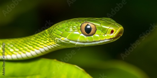 Green whip snake, also known as hierophis viridiflavus, showcasing its striking features in a natural habitat. This green whip snake is a beautiful example of its species. photo