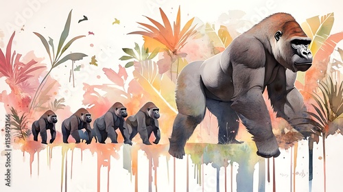 Gorilla Family in Watercolor: A Majestic Walk Through the Lush Tropical Rainforest AI Generated photo