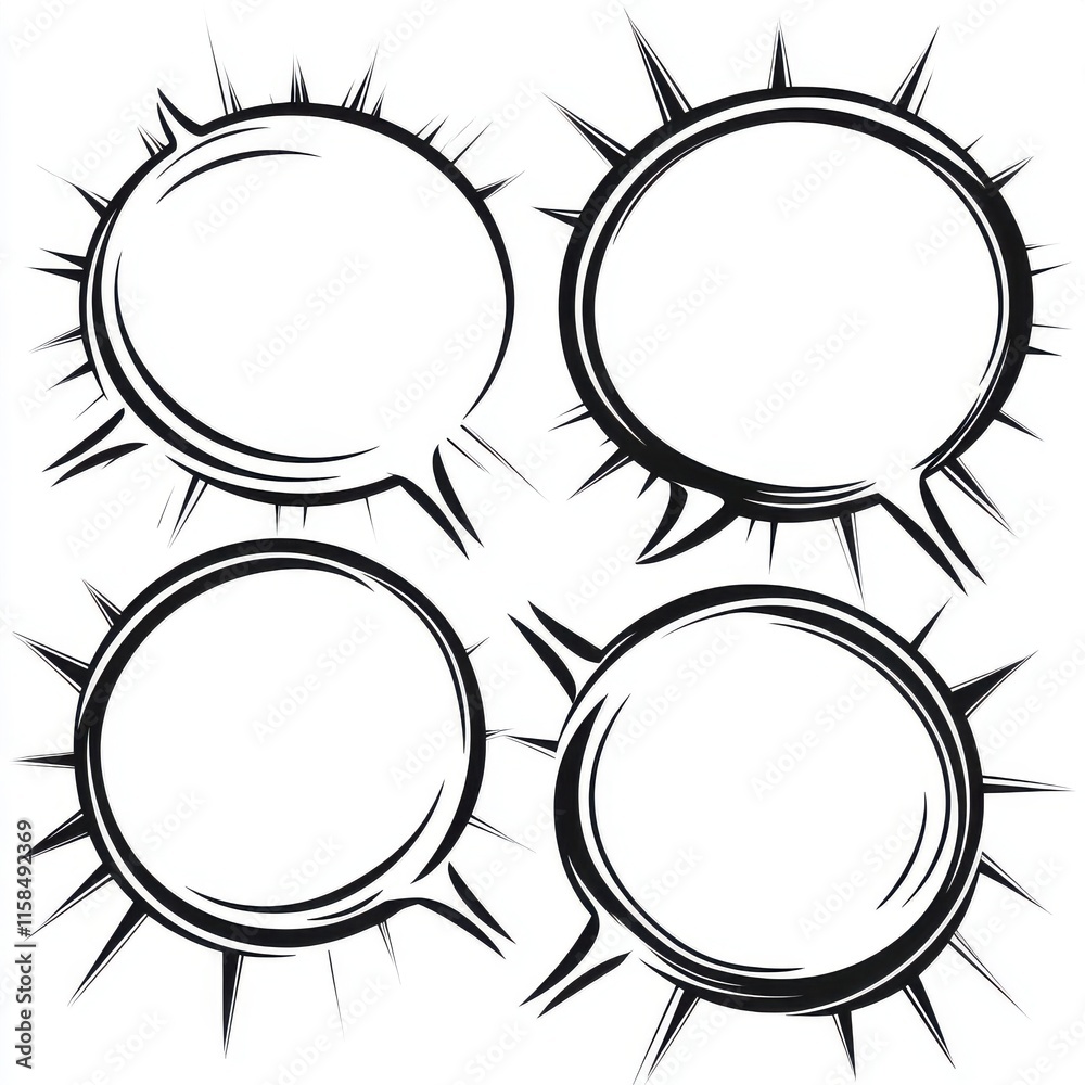 Four empty speech bubbles with spiky edges, perfect for adding dialogue or text in creative designs. Four empty speech bubbles with spiky edges, perfect for adding dialogue or text in creative designs.