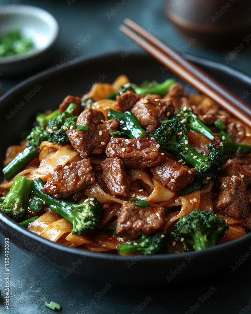 Stir-fried Beef Noodles, Vibrant Asian Dish on Black Surface in Modern Diner Setting for Culinary Content Stir-fried Beef Noodles, Vibrant Asian Dish on Black Surface in Modern Diner Setting for Culinary Content