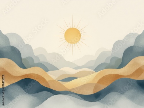 Abstract landscape with soft pastel tones and a serene sunrise over rolling hills, creating a calming and peaceful vibe. Ideal for meditation apps, yoga studios, or relaxation visuals.