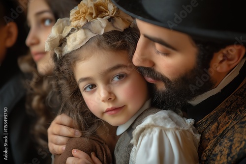 Family members celebrate Purim together, sharing traditions and joy at the synagogue during a colorful gathering photo