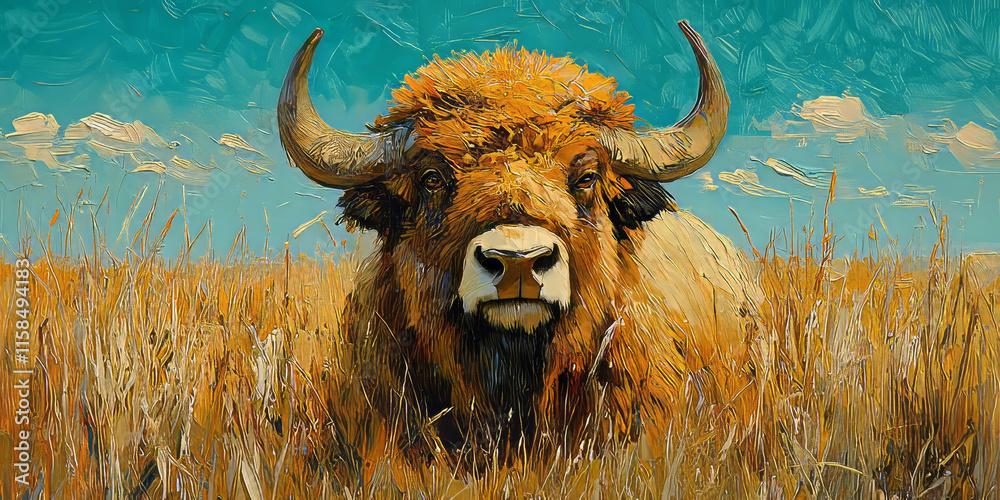 Bison in Golden Grasslands Under Clear Blue Sky Bison in Golden Grasslands Under Clear Blue Sky