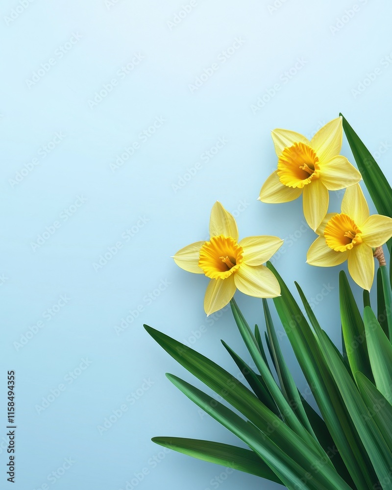 Fototapeta premium Three Yellow Daffodils with Green Leaves on Blue Background