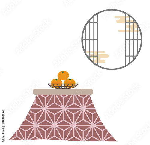 こたつとみかんと和風の窓のイラスト素材