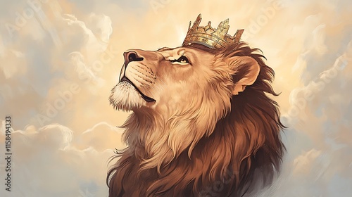 Majestic Crowned Lion, Digital Painting of a Regal Beast Against a Heavenly Sky AI Generated photo