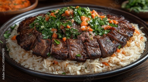 Grilled steak with rice and herb salsa.