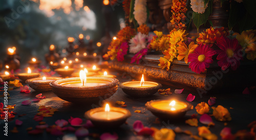 Indian holiday concept.Cinematic depiction of the Indian Diwali festival, with a beautiful background featuring flowers and candles.  photo