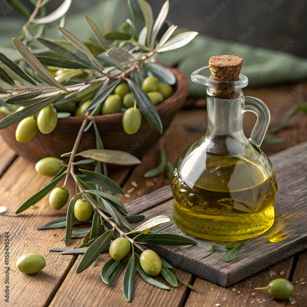 olive branches with olives and a glass bottle