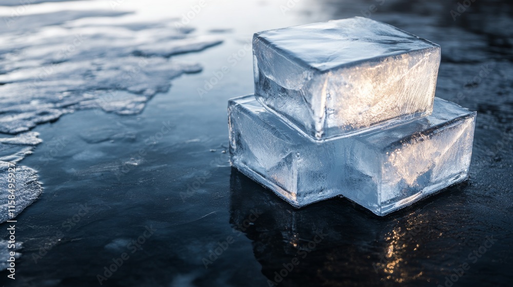 Winter Wonderland: Stack of Ice Gift Boxes on Reflective Frozen Lake Winter Wonderland: Stack of Ice Gift Boxes on Reflective Frozen Lake