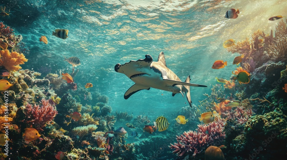 Fototapeta premium Vibrant underwater scene featuring a shark and colorful coral reef with diverse fish species.