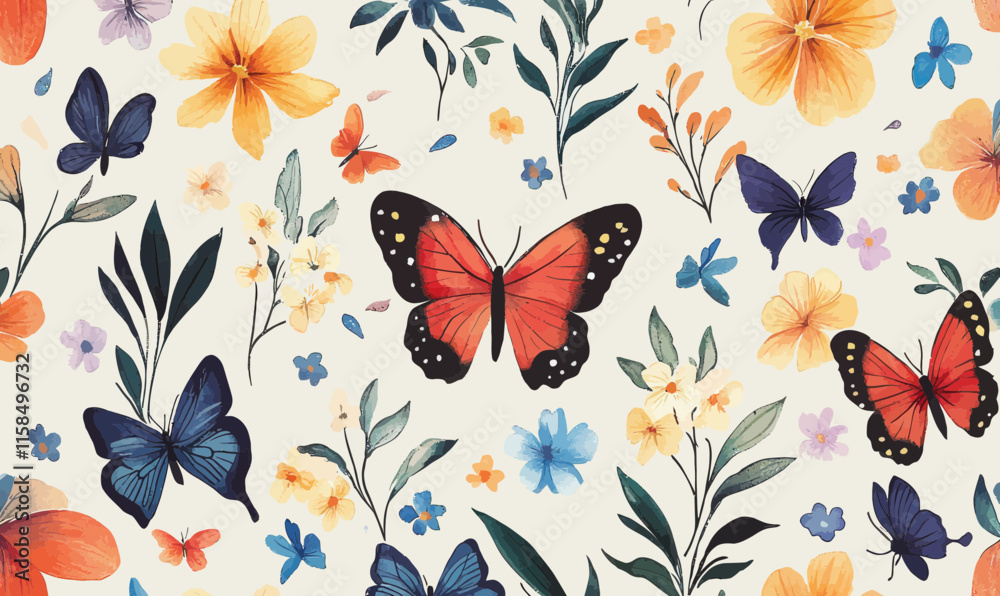 Seamless Watercolor Pattern with Blooming Flowers and Butterflies for Textile Design Seamless Watercolor Pattern with Blooming Flowers and Butterflies for Textile Design