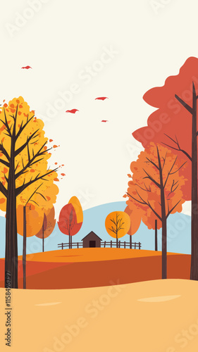 Charming Autumn Landscape with Vibrant Trees and Cozy Cabin in Rustic Setting