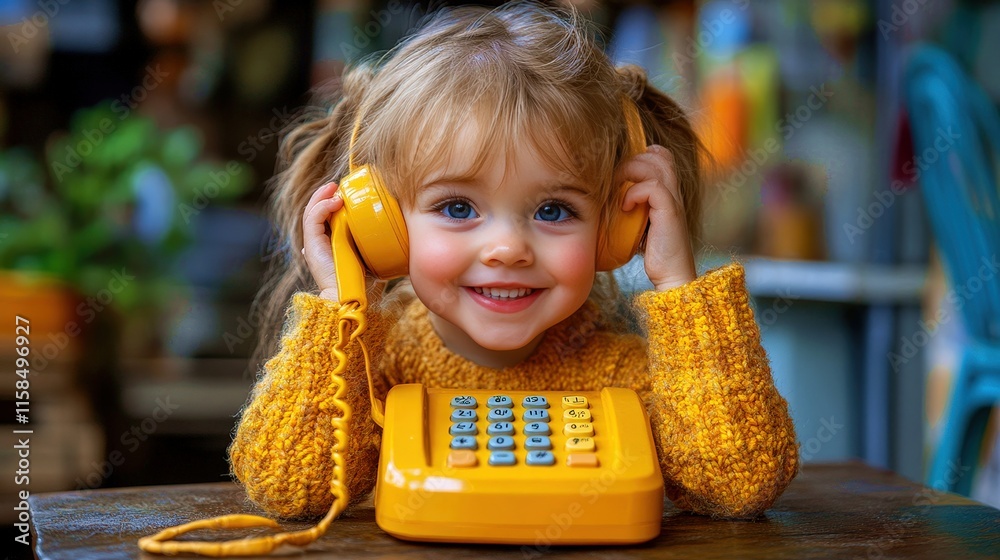 Child joyfully pretending to make a call on a bright yellow toy phone during playtime in a cozy indoor setting