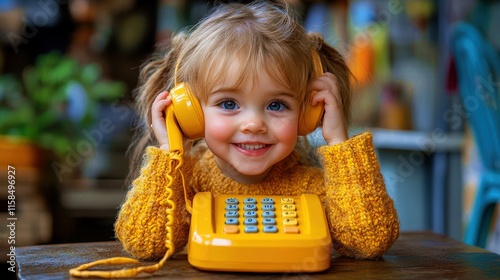 Obraz na płótnie Child joyfully pretending to make a call on a bright yellow toy phone during playtime in a cozy indoor setting w salonie