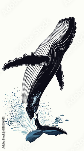 Humpback Whale Breaching Ocean Surface Vector Illustration for Marine Life Themes