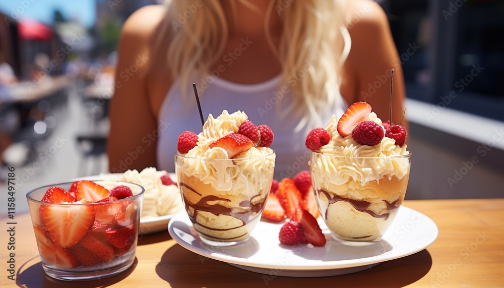 Woman holding takeaway cup with ice cream or frozen yogurt on summer day. Woman holding takeaway cup with ice cream or frozen yogurt on summer day.