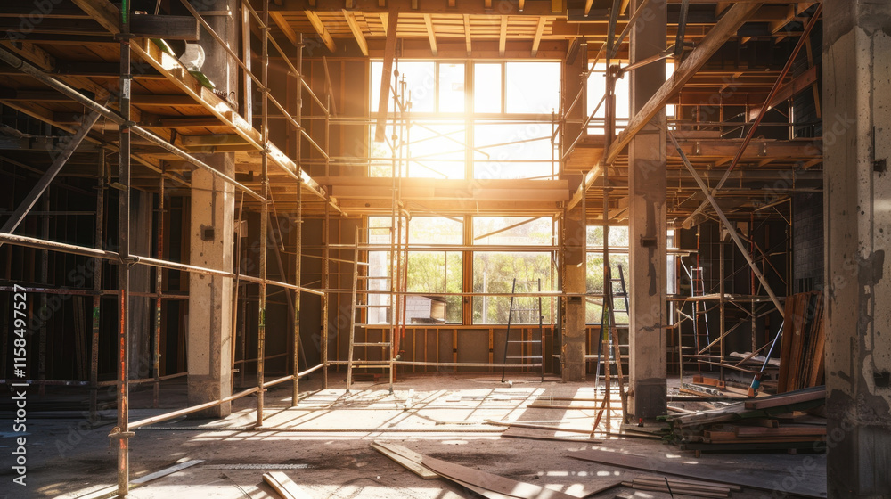 Fototapeta premium Residential House Construction with Scaffolding in Progress