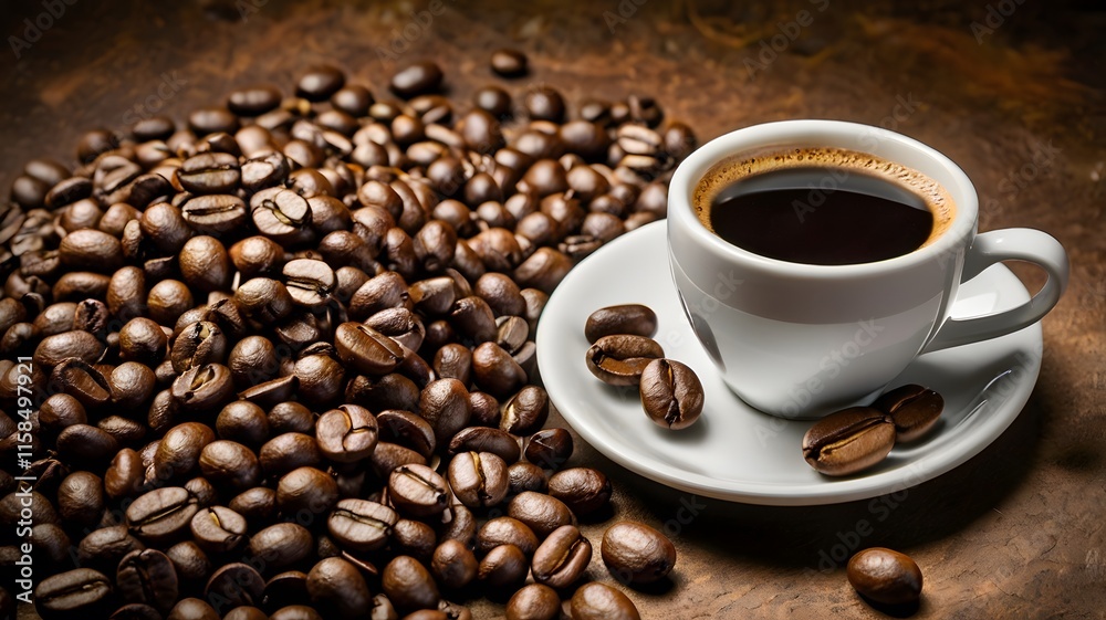 Fototapeta premium Black coffee cup drink with brown roasted beans, hot energetic beverage caffeine cappuccino on cozy & appetizing aroma