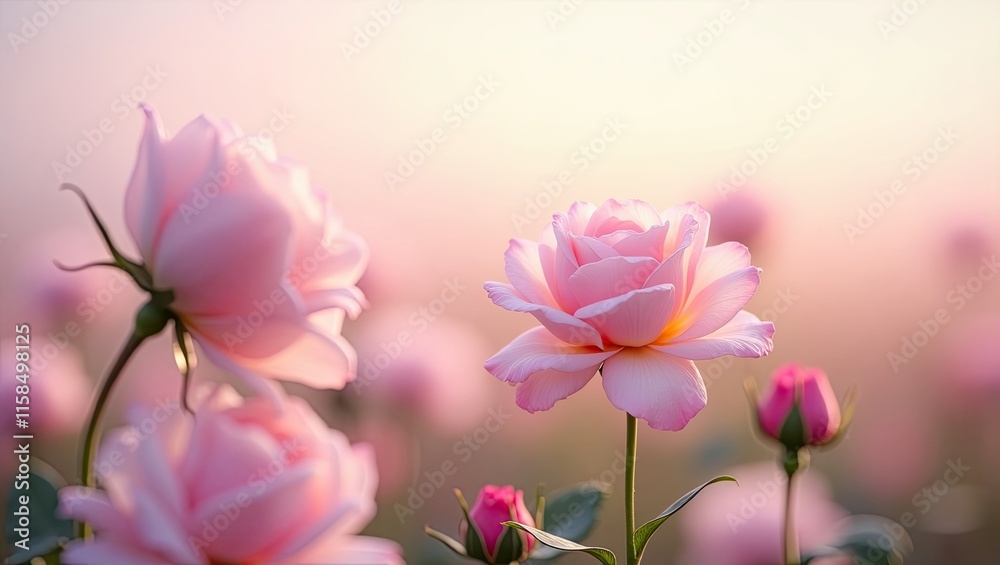Fototapeta premium Beautiful isolated blossom pink roses with bokeh flowers field as background