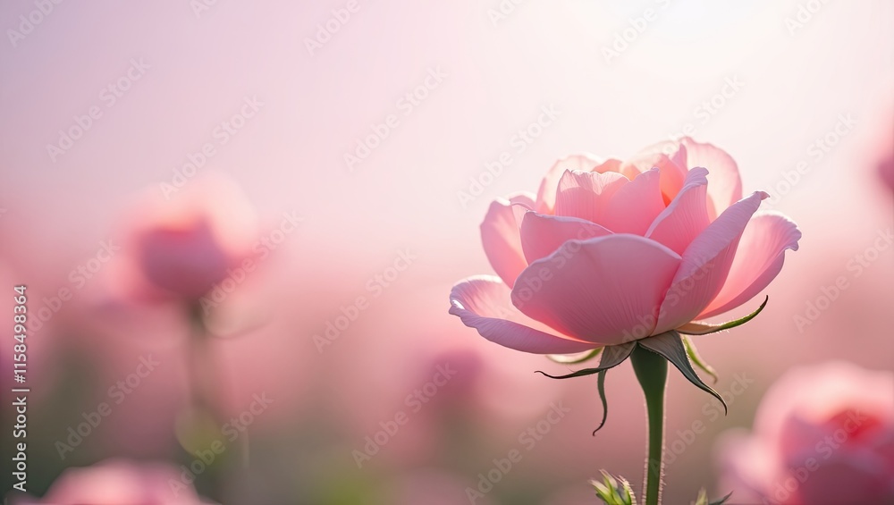 Fototapeta premium Beautiful isolated blossom pink roses with bokeh flowers field as background 