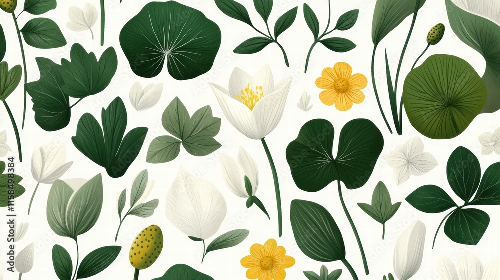 Seamless Botanical Pattern White and Yellow Flowers with Green Leaves Seamless Botanical Pattern White and Yellow Flowers with Green Leaves