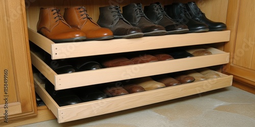 A well-organized shoe closet showcases pull-out shelves filled with various types of shoes, presenting a tidy and efficient storage solution for footwear.