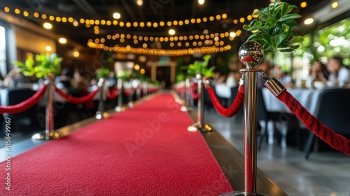 The red carpet stretches towards the podium, framed by elegant golden lights and plush velvet ropes, creating a festive atmosphere for a product unveiling.