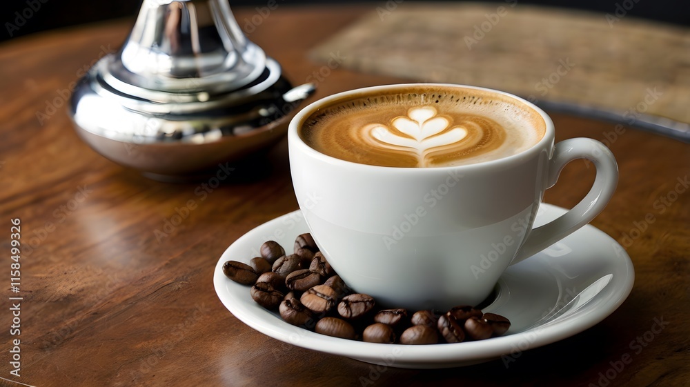 Warm coffee cup & roasted brown beans on wooden surface. Hot energetic beverage caffeine cappuccino on cozy & appetizing presentation Warm coffee cup & roasted brown beans on wooden surface. Hot energetic beverage caffeine cappuccino on cozy & appetizing presentation