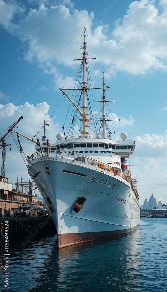Majestic cruise ship docked in a port under a partly cloudy sky Majestic cruise ship docked in a port under a partly cloudy sky