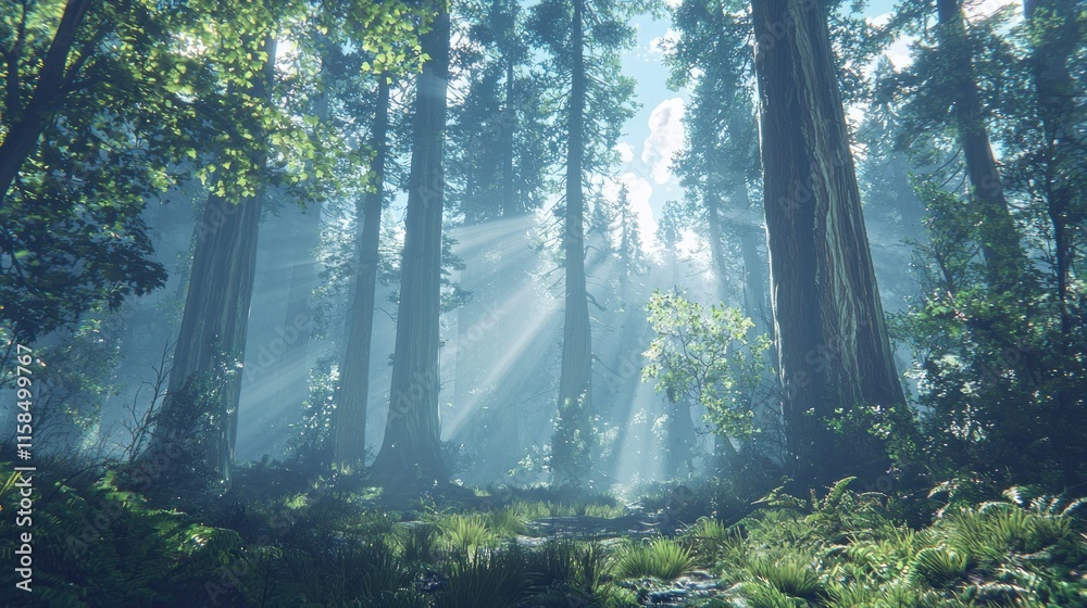 Obraz premium Sunbeams illuminating a misty forest path.