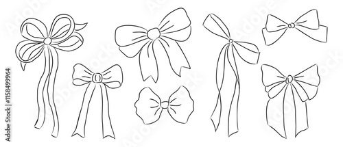 Set of tied bows in doodle style various shapes. Hand drawn Decorative birthday, Christmas, holiday ribbons ink sketch vector line art illustration isolated on transparent background.