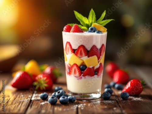 Delicious fruit parfait with layers of yogurt, berries and granola, showcasing a healthy and sweet breakfast option. Suitable for food blogs, recipe websites, or healthy lifestyle promotions. photo