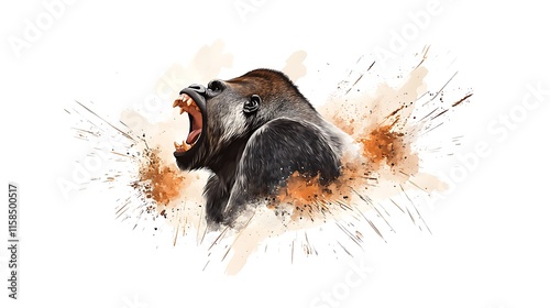 Powerful Gorilla Watercolor Illustration: A Roaring Portrait AI Generated photo