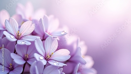 Macro photo of visually stunning lilac flowers blossom in bokeh background