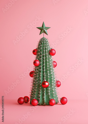 A creatively made Christmas tree from cacti and succulents with red baubles, against a solid soft pink background in the spirit of New Year