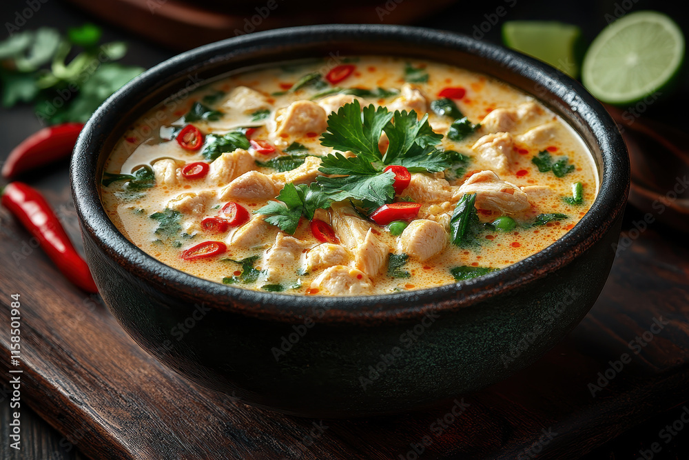Curry, Meat, Vegetables, Herbs on Dark Surface in Restaurant Setting for Stock Photography Curry, Meat, Vegetables, Herbs on Dark Surface in Restaurant Setting for Stock Photography