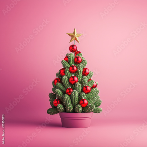 A creatively made Christmas tree from cacti and succulents with red baubles, against a solid soft pink background in the spirit of New Year