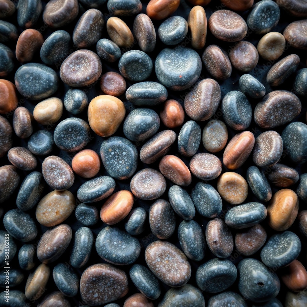Small rounded pebbles of dark grey and brown stones, earthy tones, river rocks, gravel Small rounded pebbles of dark grey and brown stones, earthy tones, river rocks, gravel