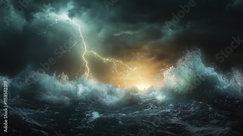 Dramatic ocean waves crashing during a fierce thunderstorm with lightning.