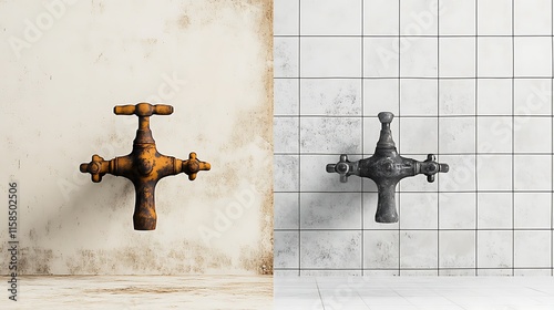 Before & After: Rusty Old Faucet 3D Render - Grungy Wall vs. Clean Tile Background AI Generated photo